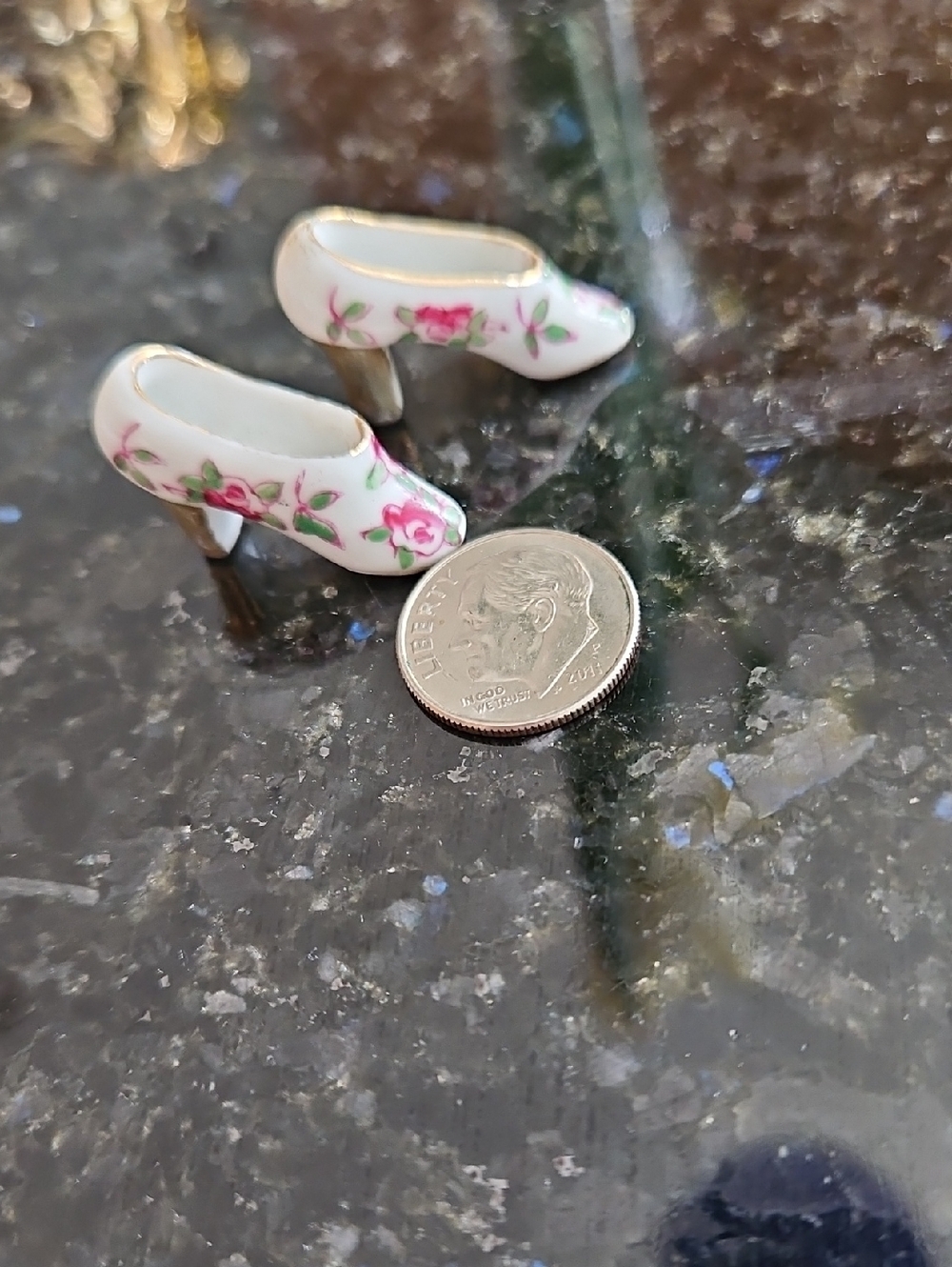 Mini Vintage Bone China Ladies Gold And Floral Shoes